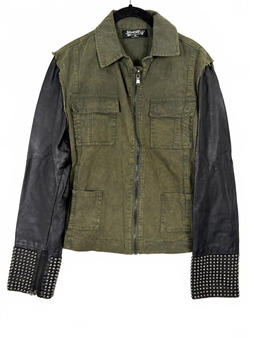 Signorelli Studded Mixed Media Faux Leather Sleeve Jacket Olive Women's XS